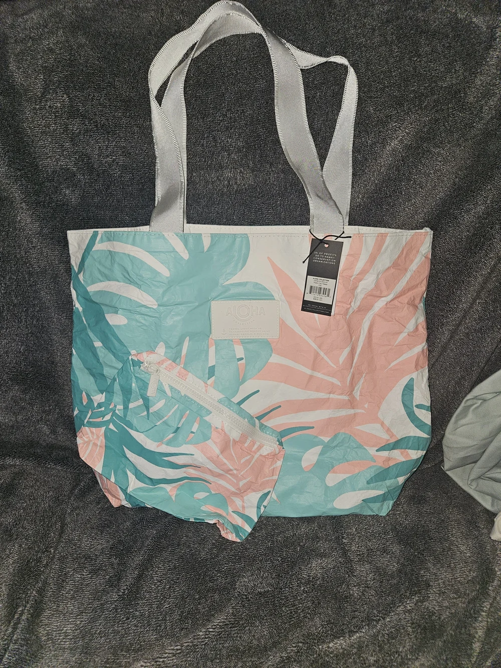 ALOHA Collection Teal & Pink Palm Print Tote And Small Pouch